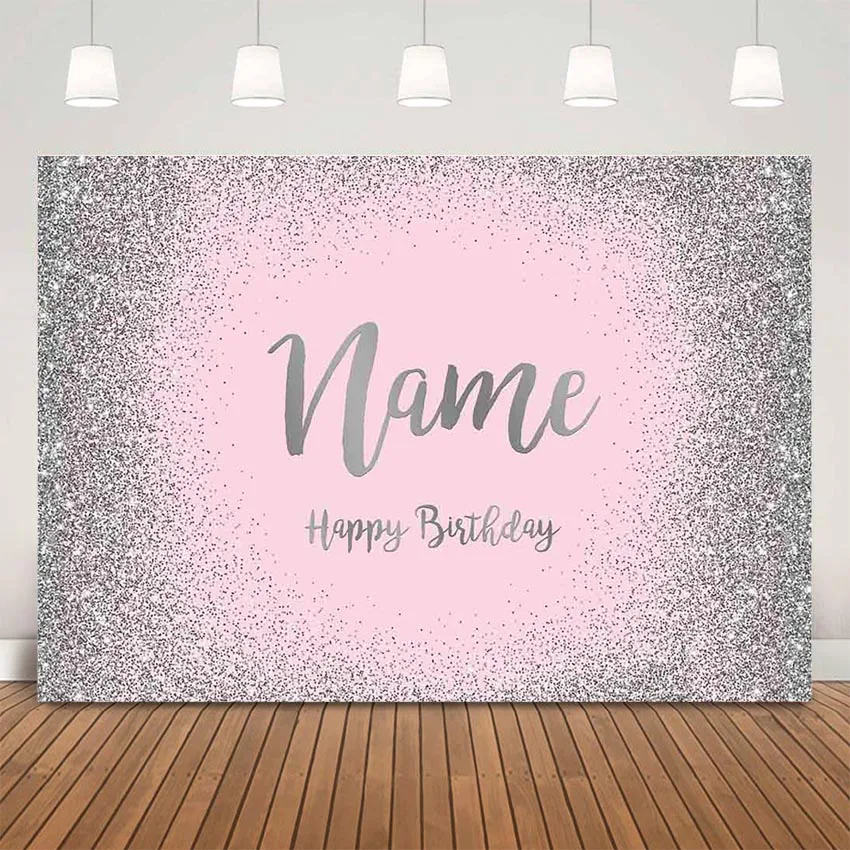 

Pink birthday background sliver glitter happy birthday customize background for party decoration photocall personalize