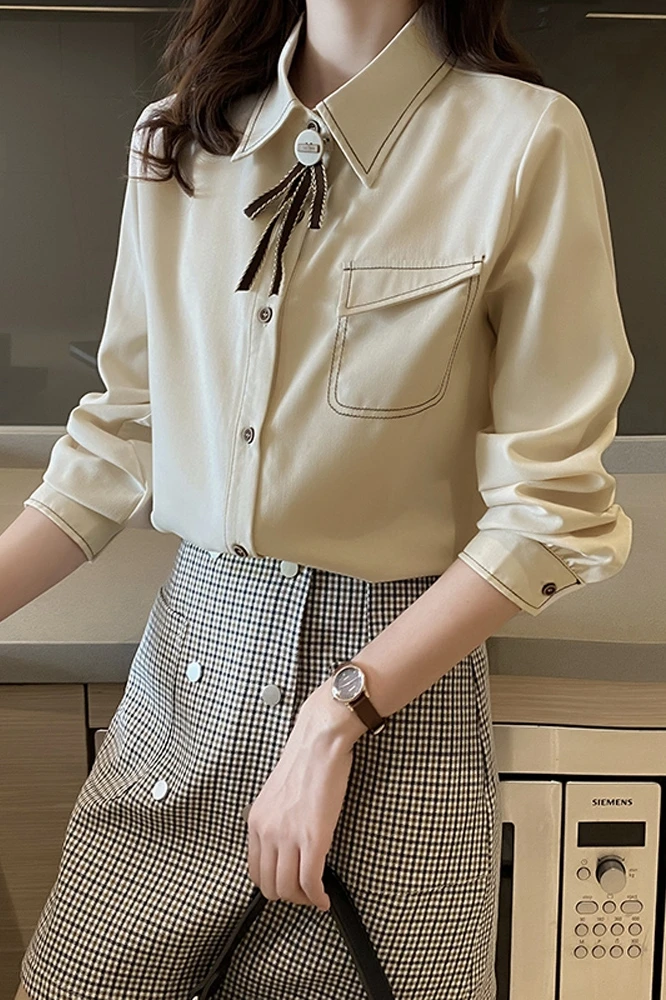 

Houthion Casual Shirt New Long-sleeved Blouse Polo Collar Spring and Autumn Pocket Bow Blended Blusas Fashion Tops