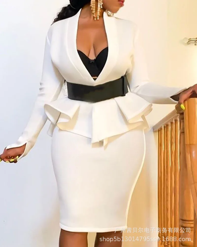 

(Юбка костюма), новинка 2021, белая юбка с длинными рукавами, оборками и глубоким V-образным вырезом