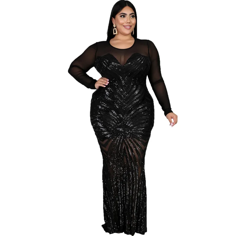 

4XL 5XL Plus Size African Dresses For Women Black Sequins Round Neck Long Sleeves Daily Dress Evening Dress Party Dress