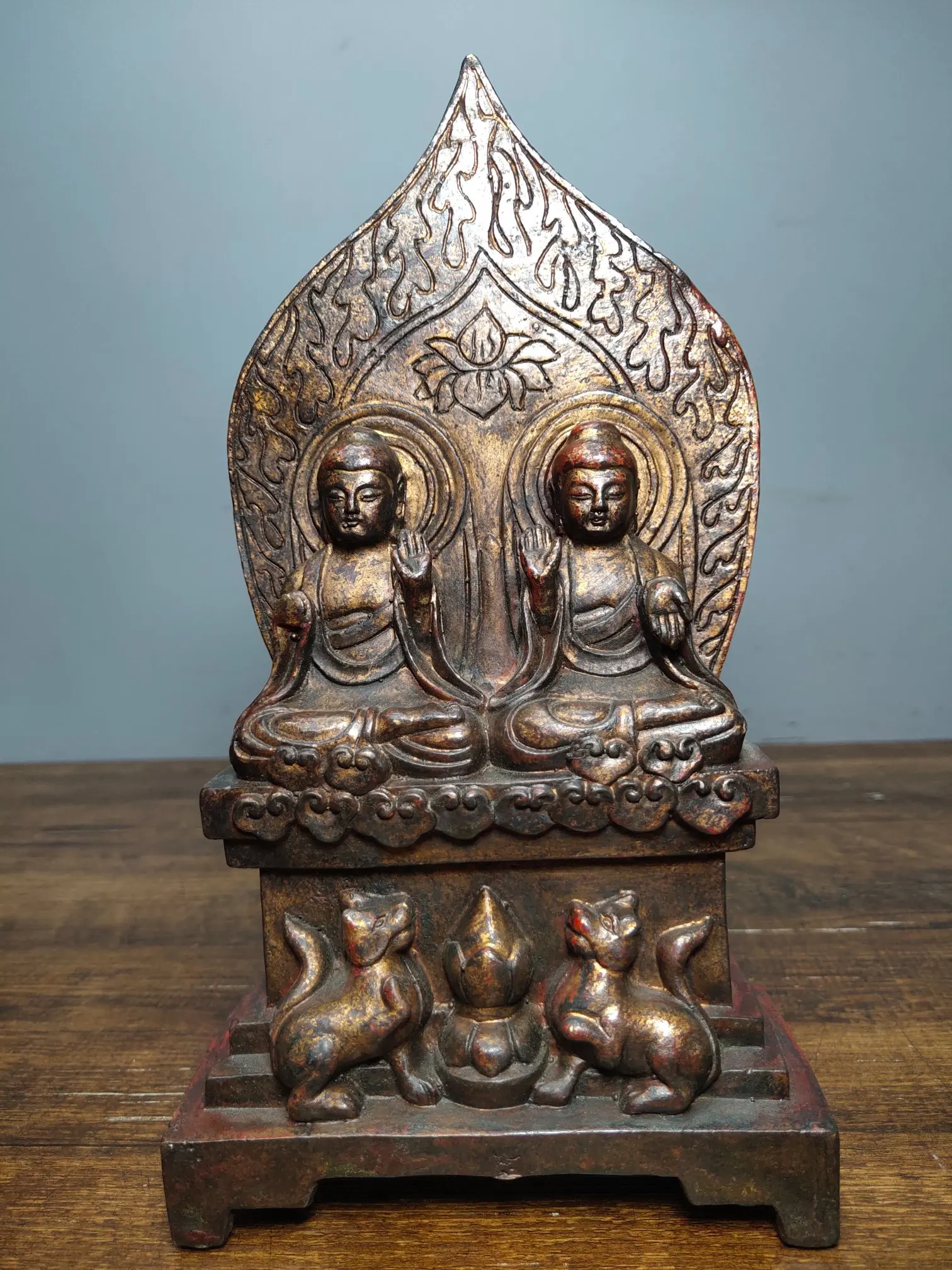 

Home Decor 9" Tibet Buddhism Old Bronze Cinnabar Lacquer Shakyamuni Buddha Two amulets Buddhist altar Enshrine the Buddha