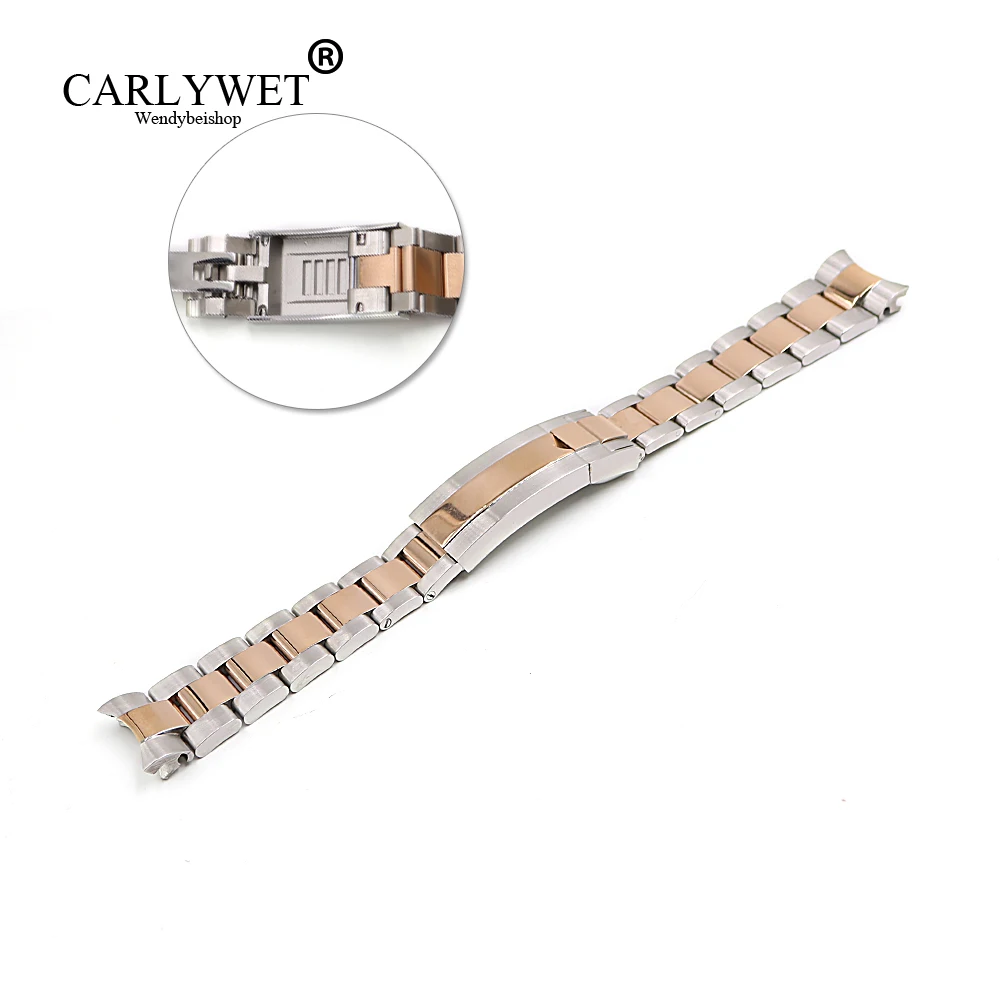 

CARLYWET 20mm Middle Rose Gold Stainless Steel Solid Curved End Screw Links Glide Lock Clasp Watch Band Bracelet For GMT