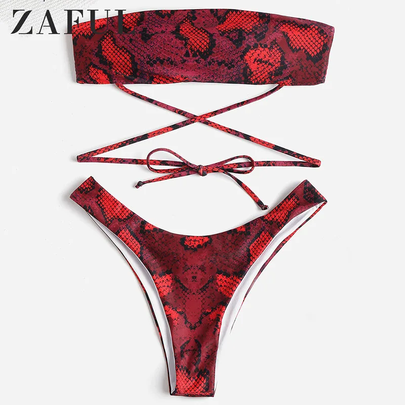 

Женский купальник-бандо со змеиным принтом и высоким вырезом