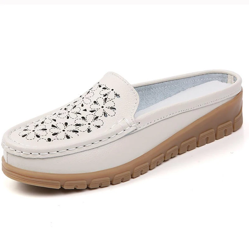 Демисезонные женские шлепанцы из натуральной кожи белого и синего цвета | Обувь