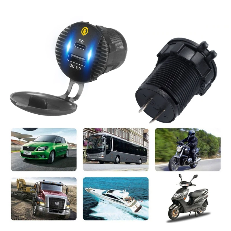 

Waterproof 12V 24V QC3.0 USB 18W Type C PD Fast Car Charger Adapter with Cable for SUV Car Boat Marine Cellphone Tablet
