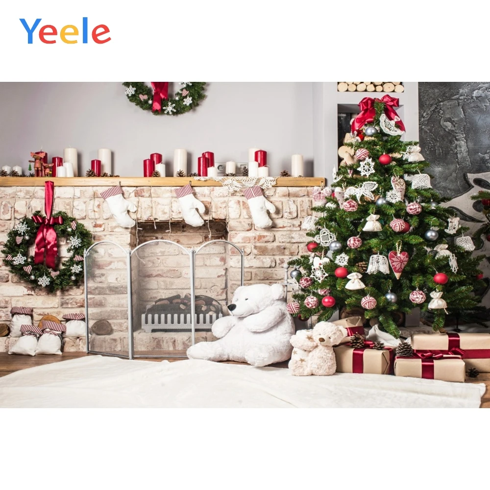 

Yeele Christmas Tree Fireplace Bear Candles Home Decor Photography Background Customized Photographic Backdrops for Photo Studio