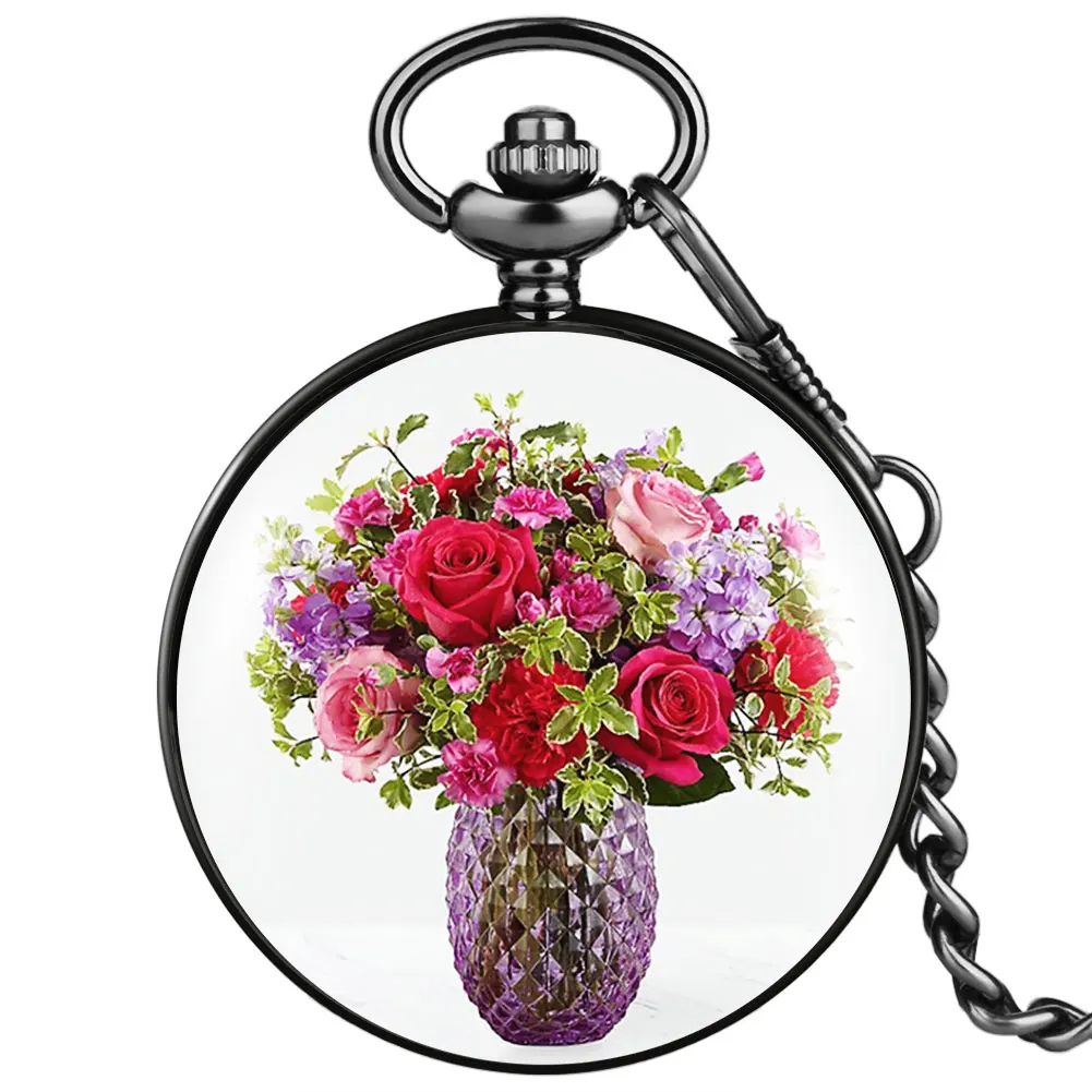 

Beautiful Bouquet Pattern Quartz Pocket Watch Presents For Girlfriend Elegant Dial With Arabic Numerals Simple Pendant Clock