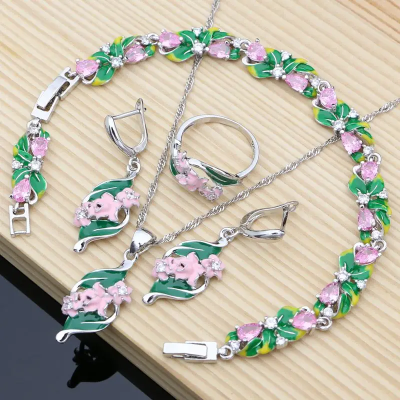 

Earrings Ring tennis Bracelet Necklace Set Women 925 Silver Wedding White Gold Plated Jewelry Sets Enamel Bridal Jewelry