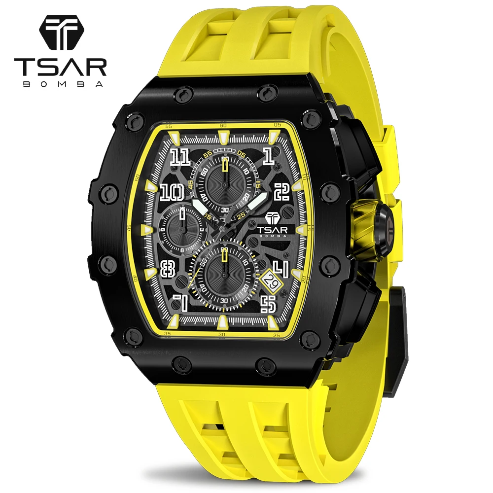 

TSAR BOMBA Luxury Mens Watch 50M Waterproof Sapphire Tonneau Design Sport Chronograph Fashion Wristwatch Men Relogio Masculino