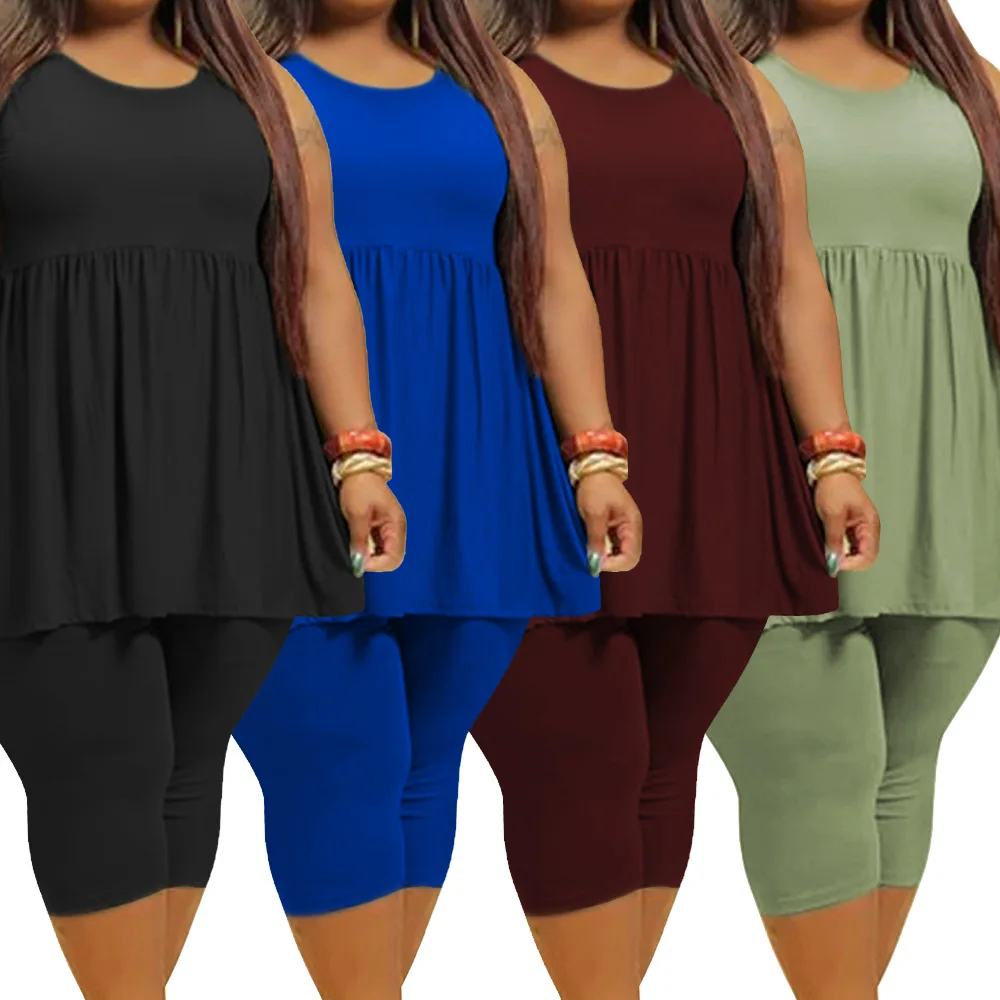 

Summer Plus Size Two Piece Women's Clothing Sexy Sleeveless Fashion Draped Solid Color Casual Loose Short Suit dropshipping