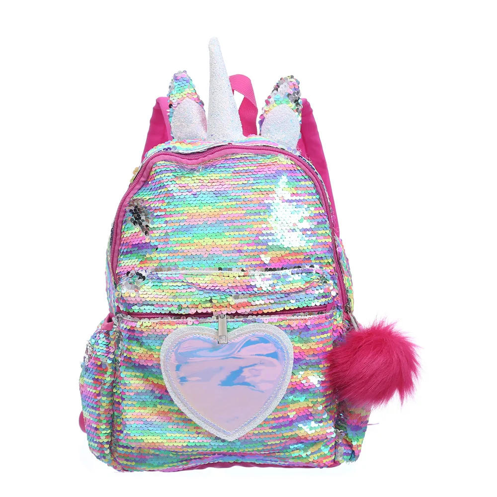 Sequins Unicorn School Bags for Girls Laser Pu  Heart Patch Kids Backpack  Bagpack  Women  Mini  Mochila Escolar Bookbag 13.4''