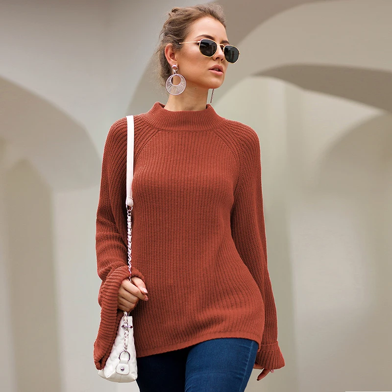 TWOTWINSTYLE однотонный Свободный вязаный женский свитер водолазка с расклешенными рукавами пуловеры негабаритные свитера женские осень
