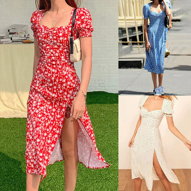 

Women Summer Vintage Party Dress 2021 Lady France Style Puff Sleeve Floral Print Square Collar Side Split Midi Dresses Vestido