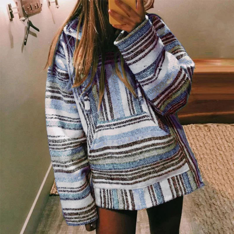 

Women Vintage Striped Print Hooded Sweatshirts Autumn Long sleeve Harajuku Pullover Tops Female Casual Loose Drawstring Hoodies