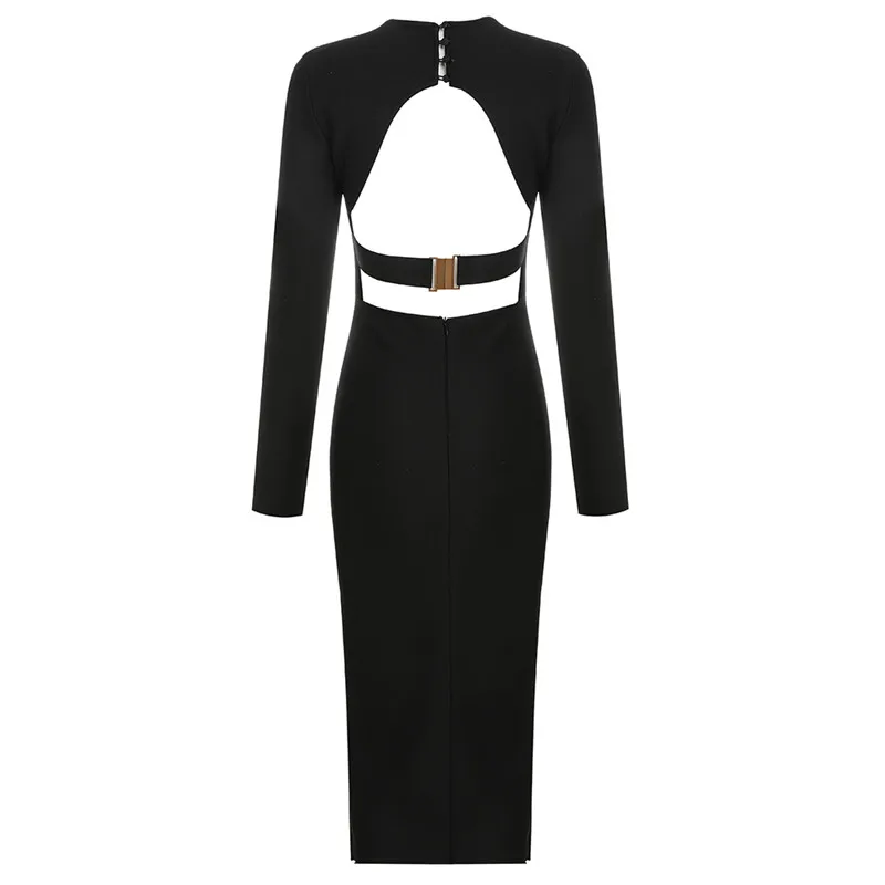 Женское вечернее платье с открытой спиной черное облегающее длинным рукавом и