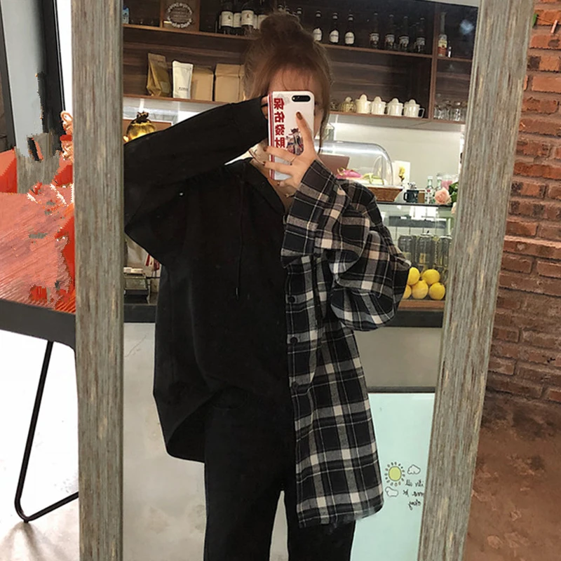 

Shirts Women 2020 Plaid Patchwork Oversize Hooded Long Sleeve Shirts 2020 Fashion Ladies Soft Vintage Female Blouse Top Autumn