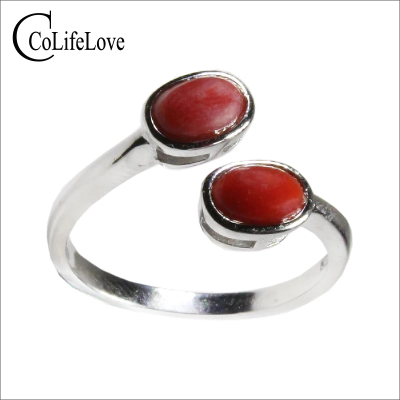 

CoLife Jewelry 100% Natural Red Coral Ring 2 Two Pieces 4*6mm Precious Coral Silver Ring 925 Silver Red Coral Jewelry