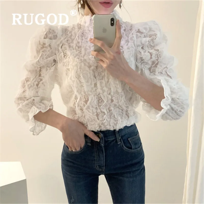 Женская кружевная блузка RUGOD с рукавами колокольчиками элегантная однотонная