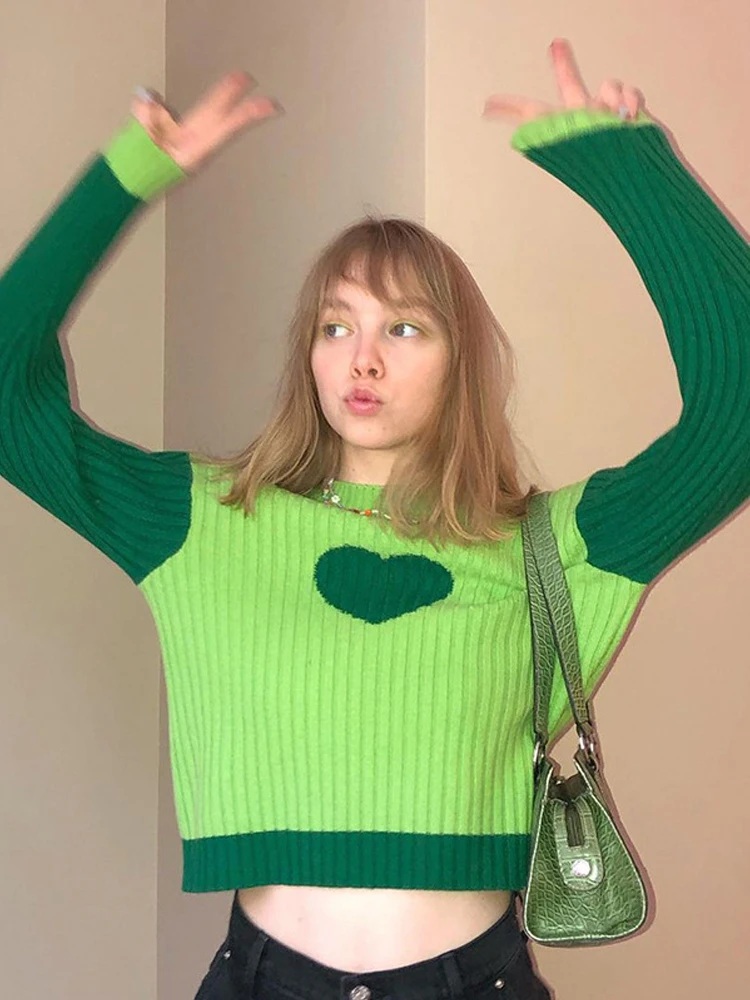 

Kawaii Cartoon Female Knitted Sweater Contrast Spliced Pullover Mock Neck Crop Tops Korean Fashion Streetwear Sweet Outfit