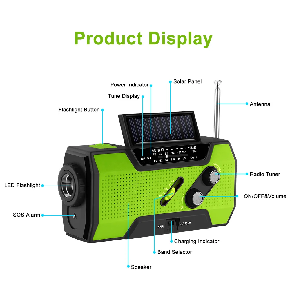 NOAA Погоды Радио аварийный ручной фонарь с солнечной рукоятка автономным