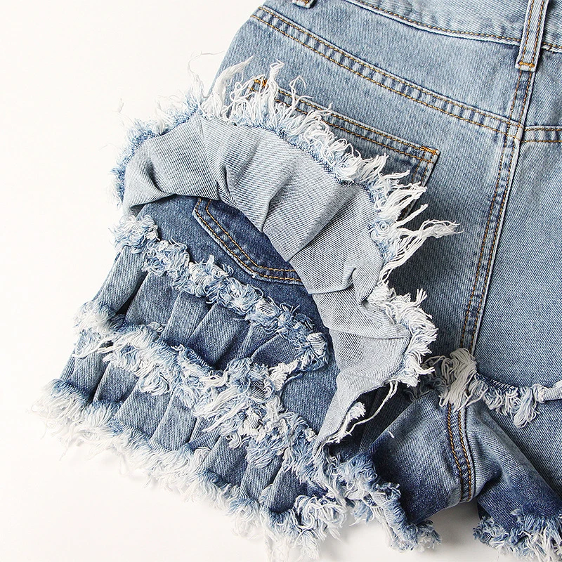 

Casual Blue Shorts For Women High Waist Patchwork Ruffles Pockets Slim Short Pant Female 2021 Summer New