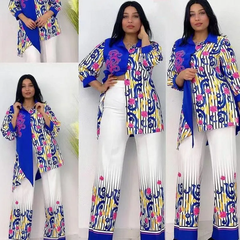 

African Clothes For Women 2 Piece Set 3/4 Sleeve Shirt Tops Outfits Fashion Floral Striped Splice African Office Lady Pant Suits