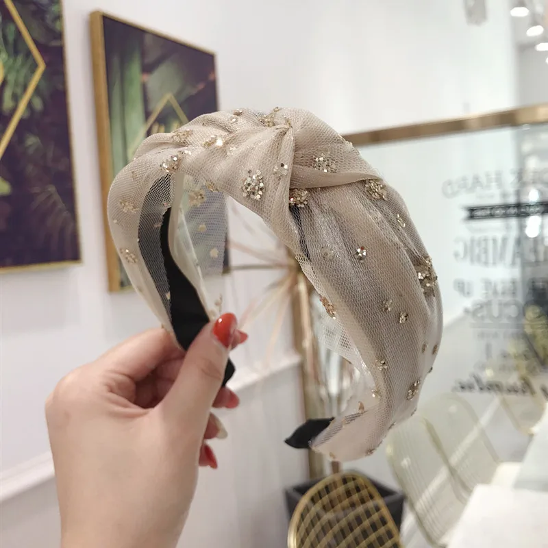 Beige Lace Женская завязанная повязка на голову в студенческом стиле бронзовые Блестки цветок сетка пряжа полосатая лента для волос широкая боковая шпилька спортивная повязка на голову - Цвет: Beige Lace