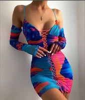 2021 new color contrast print sexy off the shoulder strappy tight skirt