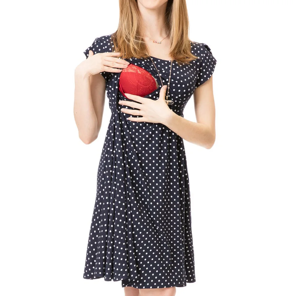 

Summer new style polka dot pattern round neck long-sleeved maternity dress breastfeeding big swing dress nursing clothes Q0407
