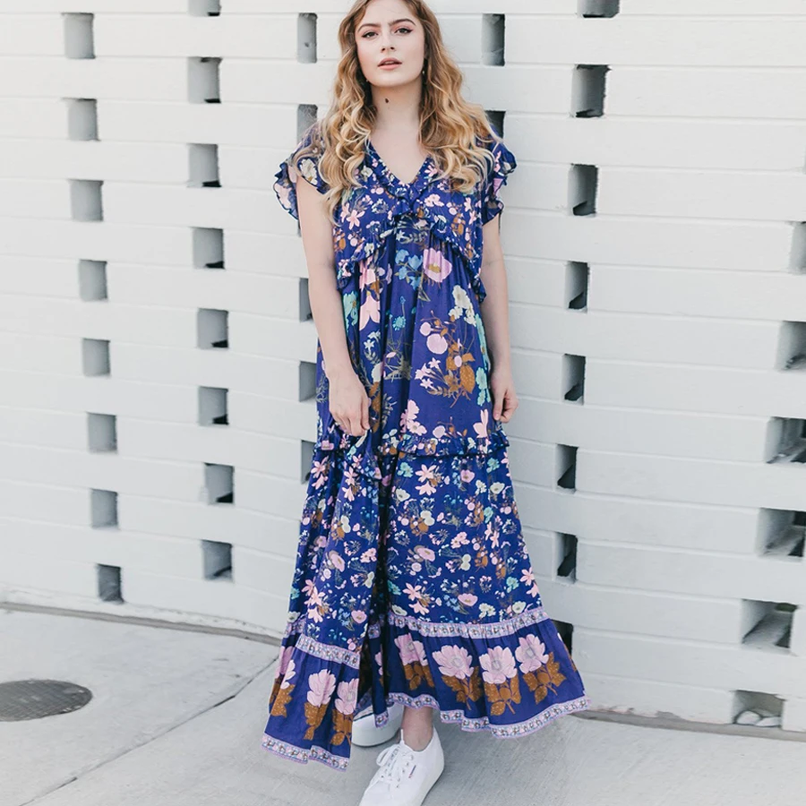 Женское длинное платье из вискозы с оборками и цветочным принтом|Женские платья|