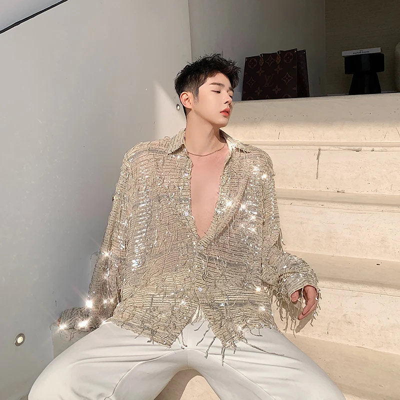 

Long Men See Through Sleeve Casual Tassel Sequins Shirt Male Retro Fashion Streetwear Loose Dress Shirts Stage Show Clothing