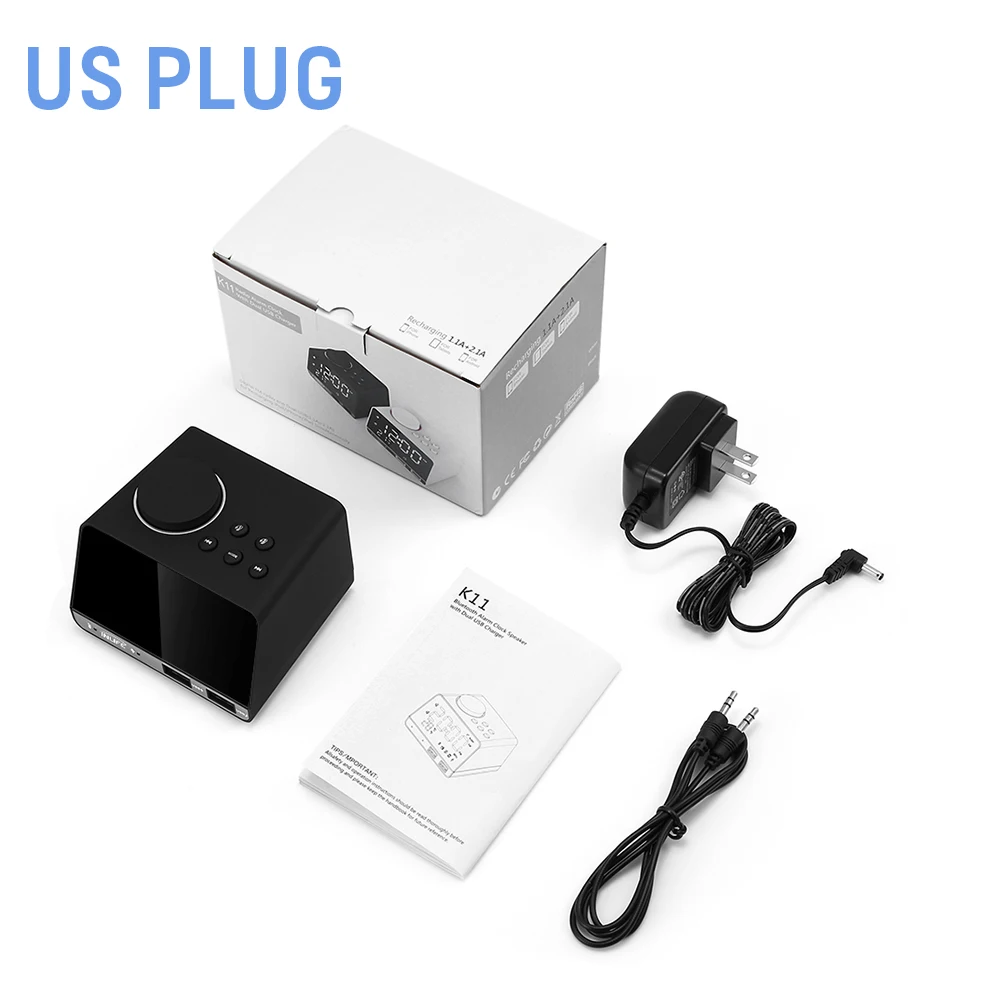 US Plug Inlife K11 Цифровой Будильник FM 4,2 Bluetooth радио динамик большой ЕС штекер 2 usb порта светодиодный ночной стол часы домашний Будильник-часы - Цвет: US Plug