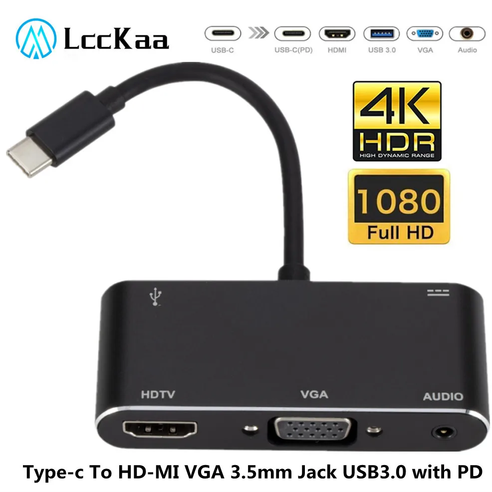 

LccKaa 4K Type-C to HDMI-compatible VGA USB 3.0 Hub 1080P Adapter 3.5mm Jack USB 3.0 with PD Power for MacBook Pro Laptop Phone