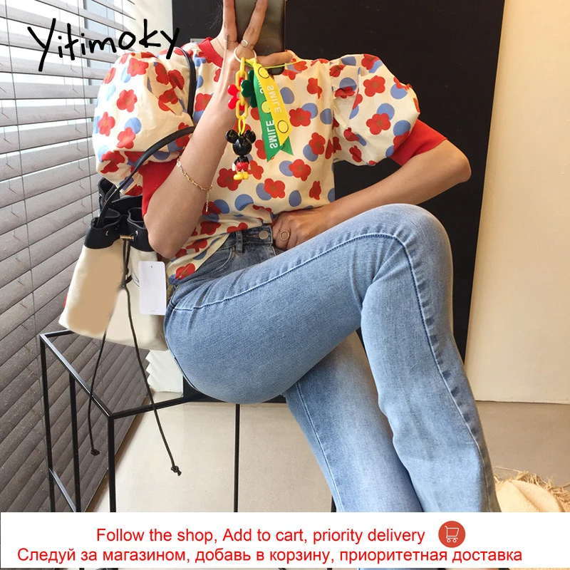 

Yitimoky Vintage Women Shirts Fashion New O-Neck Contrase Color Puff Sleeve Floral Printing Loose Casual Shirt Tops 2021 Summer