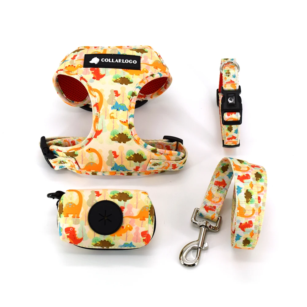 Adjustable Pet Dog Collar Durable Soft Cute Creative Colored Dinosaur Design Leash Neoprene Harness  Poop Bag Dispenser