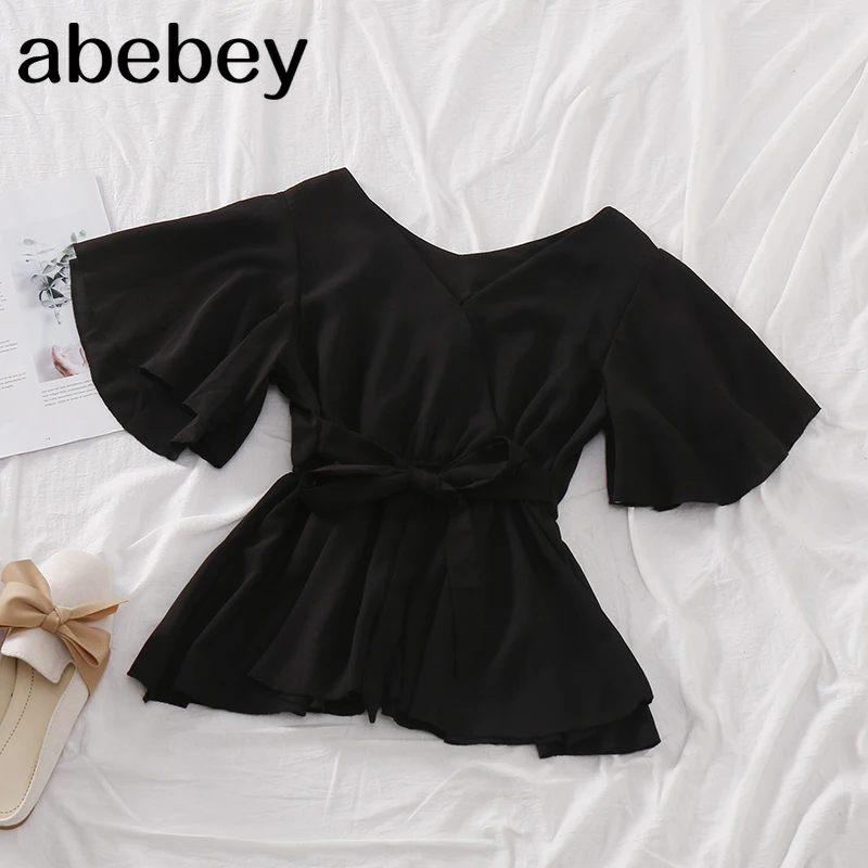 

Chiffon Ruffles Women Blouses 2021 Kong-Style V Neck Butterfly Sleeve Blusas Solid Drawstring Slim Waist Shirt