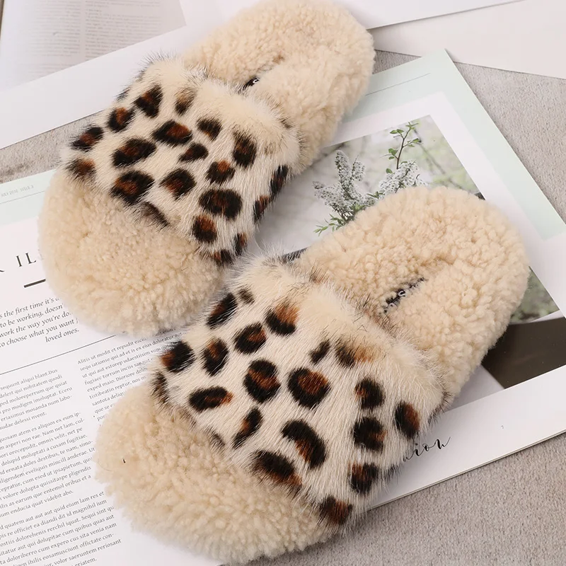 

Женские меховые тапочки на плоской подошве, с леопардовым принтом