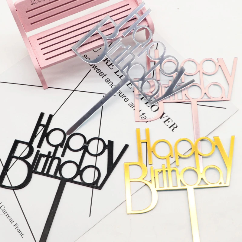 10pcset acrylic cake topper rose gold flash cake topper happy birthday party decorations for home party supplies cupcake topper free global shipping