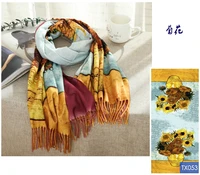 oil painting chrysanthemum pattern scarf women winter warm van gogh painting tassel scarves luxury long print wraps shawl