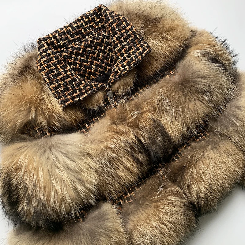 rf1930 Promotion Luxury Full Pelt Natural Raccoon Fur Striped Coat Women Zipper Long Sleeve Winter Real Fur Jacket