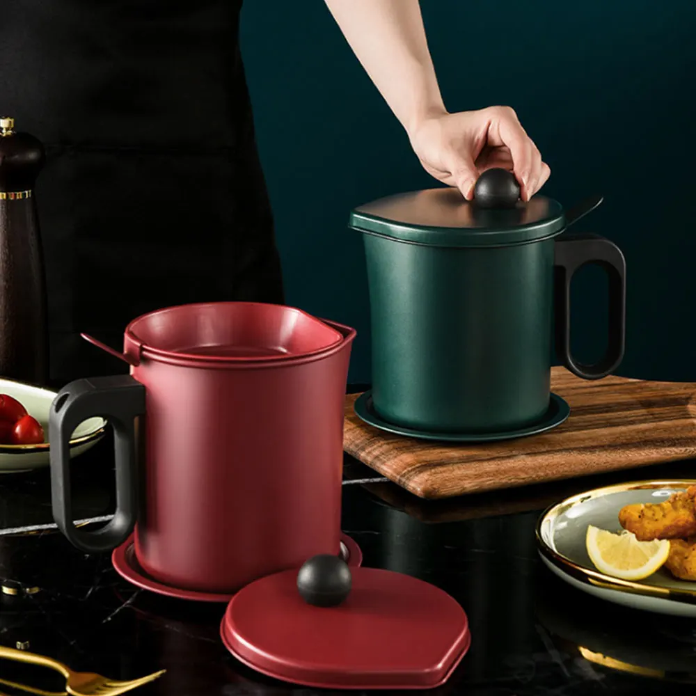 Kitchen Storage Oil Strainer Grease Pot 1.7l Aluminum Can Container With Fine Mesh Filter Dust Lid Anti Slip Plate |