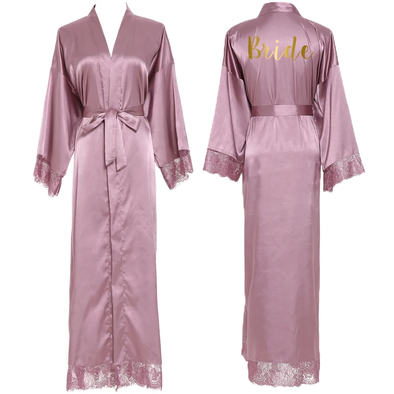 Mauve bride2 Owiter Шелковый атласный кружевной халат белый длинный халат для подружки невесты на свадьбу банный халат размера плюс платье подружки невесты Пижама - Цвет: Mauve bride2
