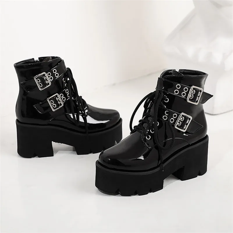 

ANNYMOLI Patent Leather Platform High Heel Short Boots Women Shoes Buckle Thick Heels Motorcycle Boots Zip Lace Up Short Boots