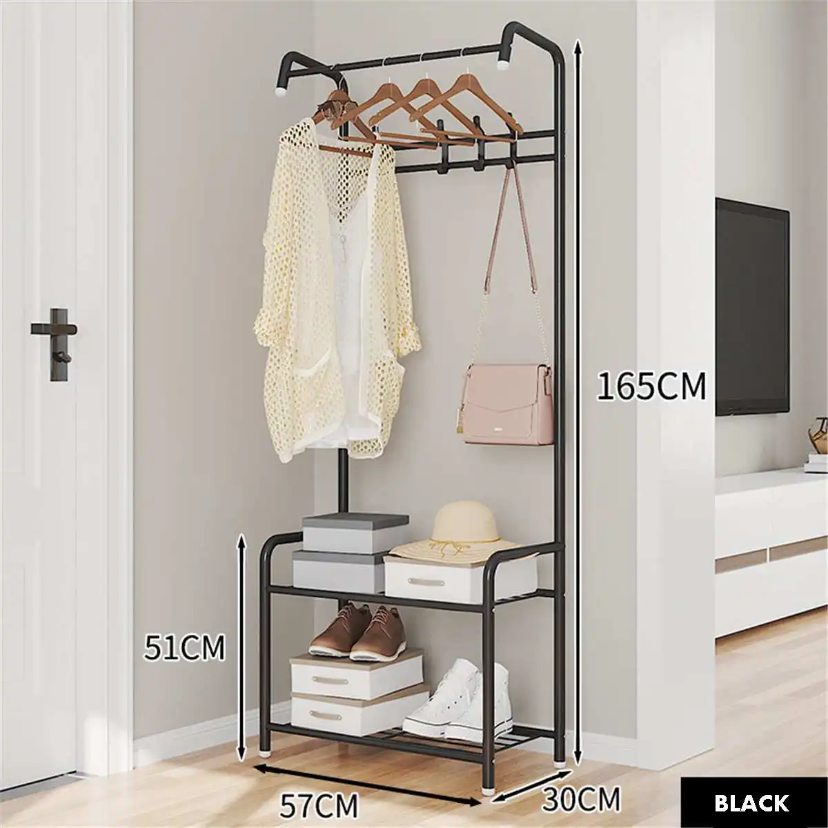 

Bedroom Hanger Rack Standing Hanging Coat Shoes Wall Shelves Living Room Removable Multi Function Floor Metal Clothes Drying