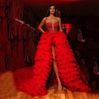 red luxury evening dresses ruffles tiered tulle bling sequins custom made prom gowns with sweep train custom made vestidos