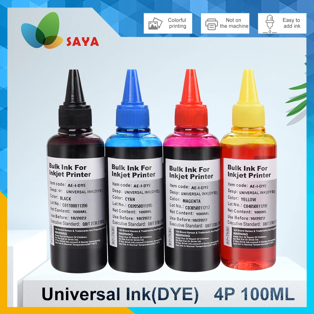 

Saya 100ml Universal Refill Ink for Canon HP Epson Brother all Deskjet Inkjet Printer CISS ink Cartridges Dye Paint 4 Colors/set