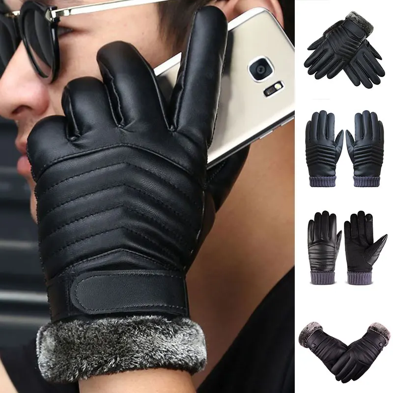 

1 Pairs Cycling Driving Windproof Gloves Plus Velvet Warm Mittens Black Non-slip PU Leather Touch Screen Men Winter Gloves