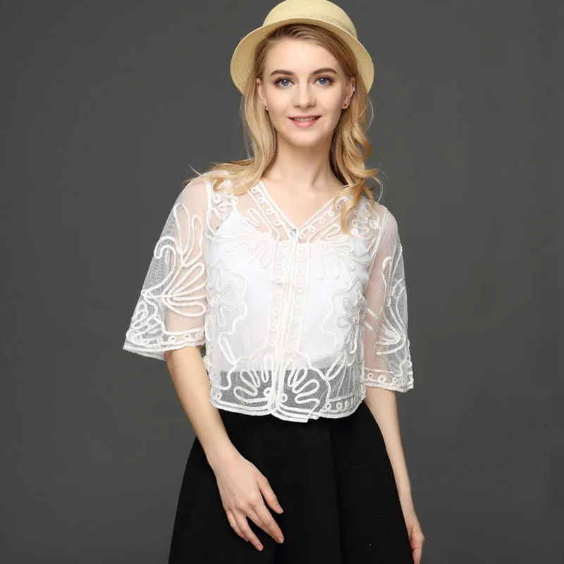 

High Quality Elegant Women Coats 2021 Spring Summer New Fashion V-Neck Half Sleeve Lace Open Stitch Loose Thint Ladies Coats