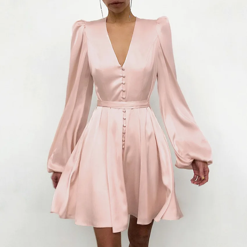 

Autumn 2021, V-neck, Slim, Elegant, Dress for Women, Long Sleeve, Short Skirt, Bandage, Birthday Party, Vintage, Pink, 2020,Sexy