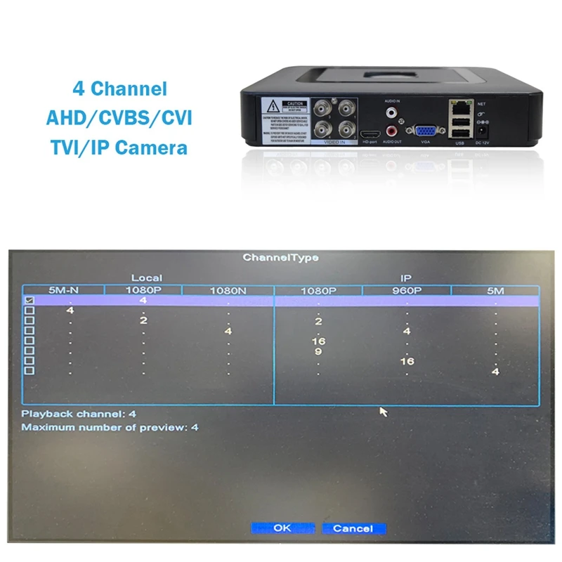 Видеорегистратор 4 канала H.265X 5 в 1 для аналоговой AHD камеры Мп Ip мини